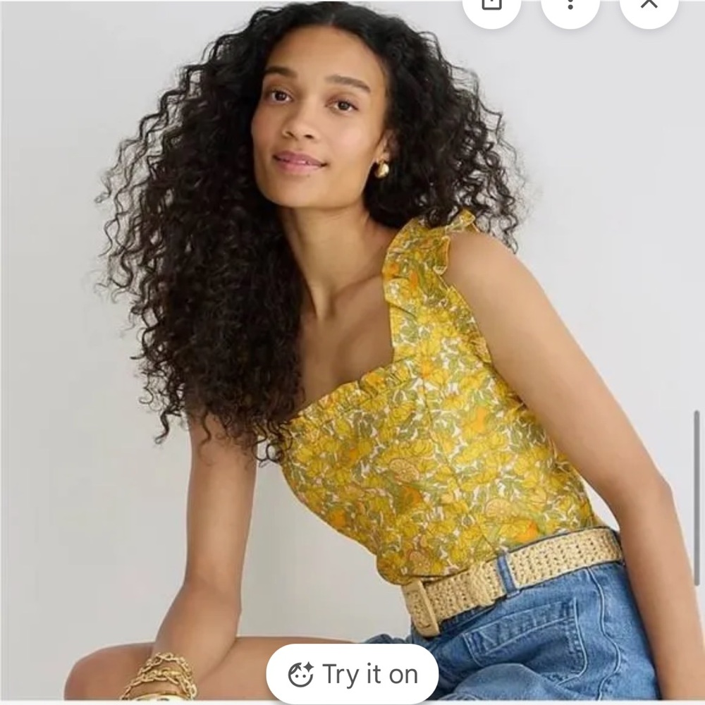 NWT J. Crew POPLIN STRETCH LIMEONE Lemon-Print Ruffle Strap TOP, M